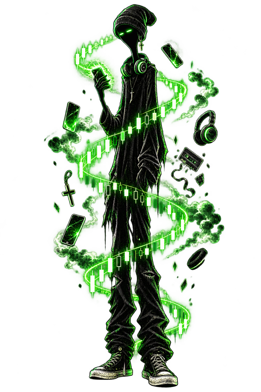 Looong Nothing, an impossibly tall figure inside a green signal storm